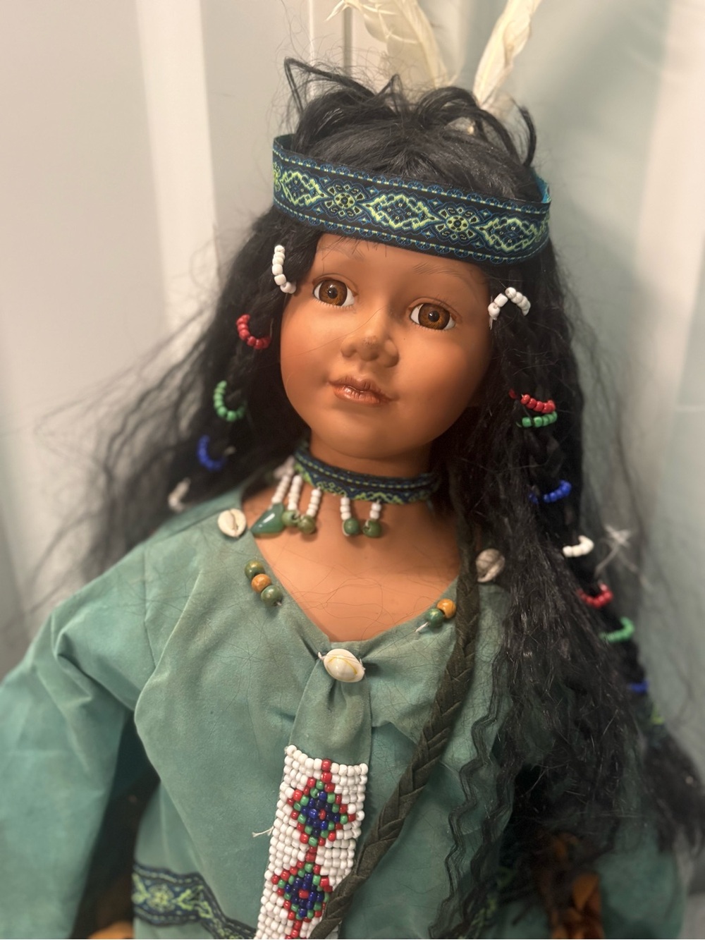 Native Style Collectible Doll with Teal Top and Tan Fringe Skirt - Picture 3 of 16